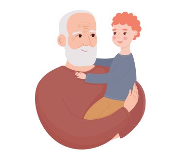 Happy grandfather is holding little grandson in his arms. Portrait of character.